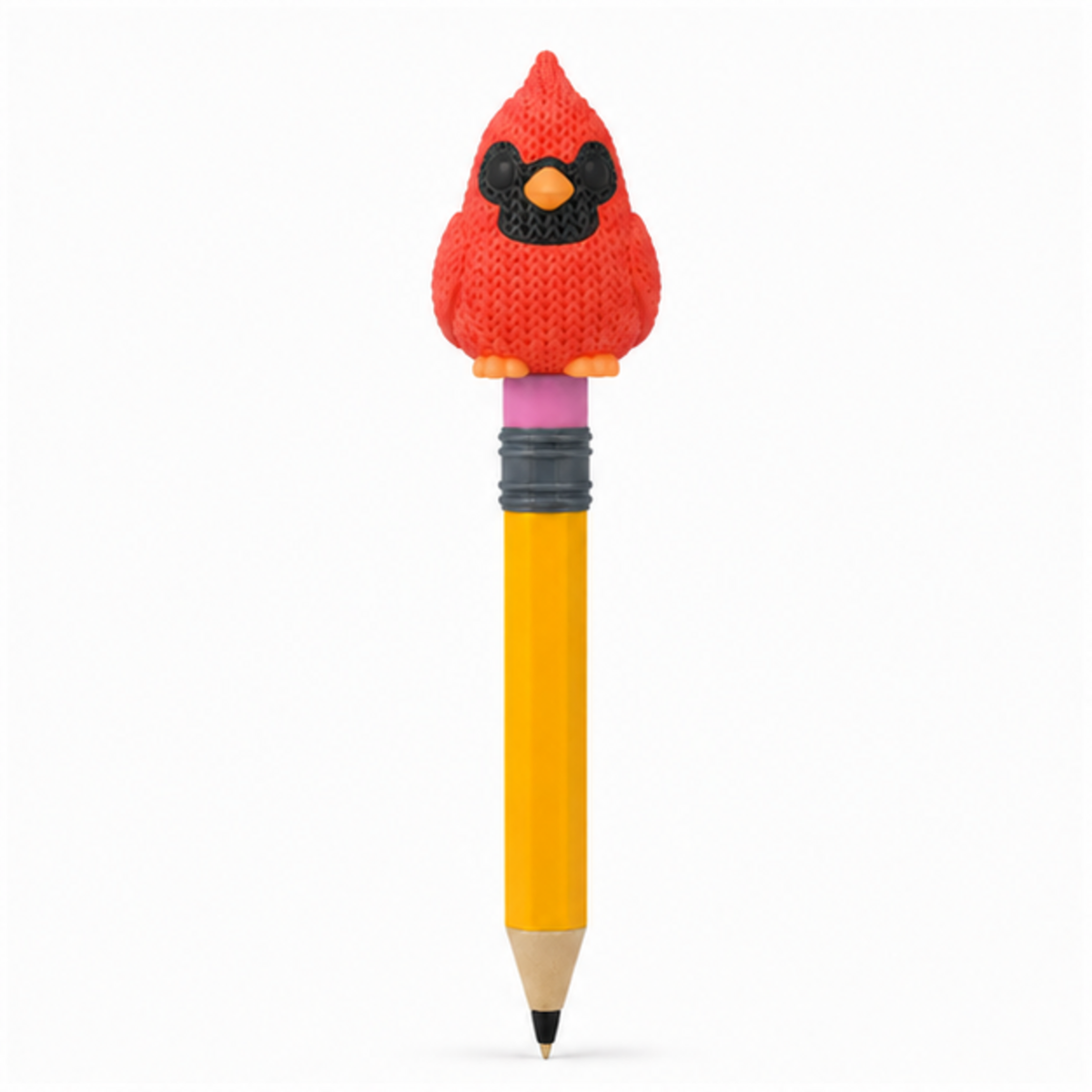 Knitted Cardinal Bird Topkinz character on jumbo pencil front view
