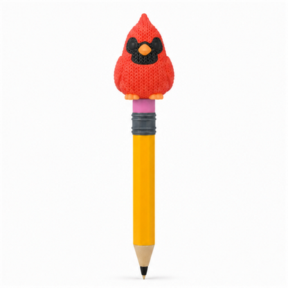 Knitted Cardinal Bird Topkinz character on jumbo pencil front view