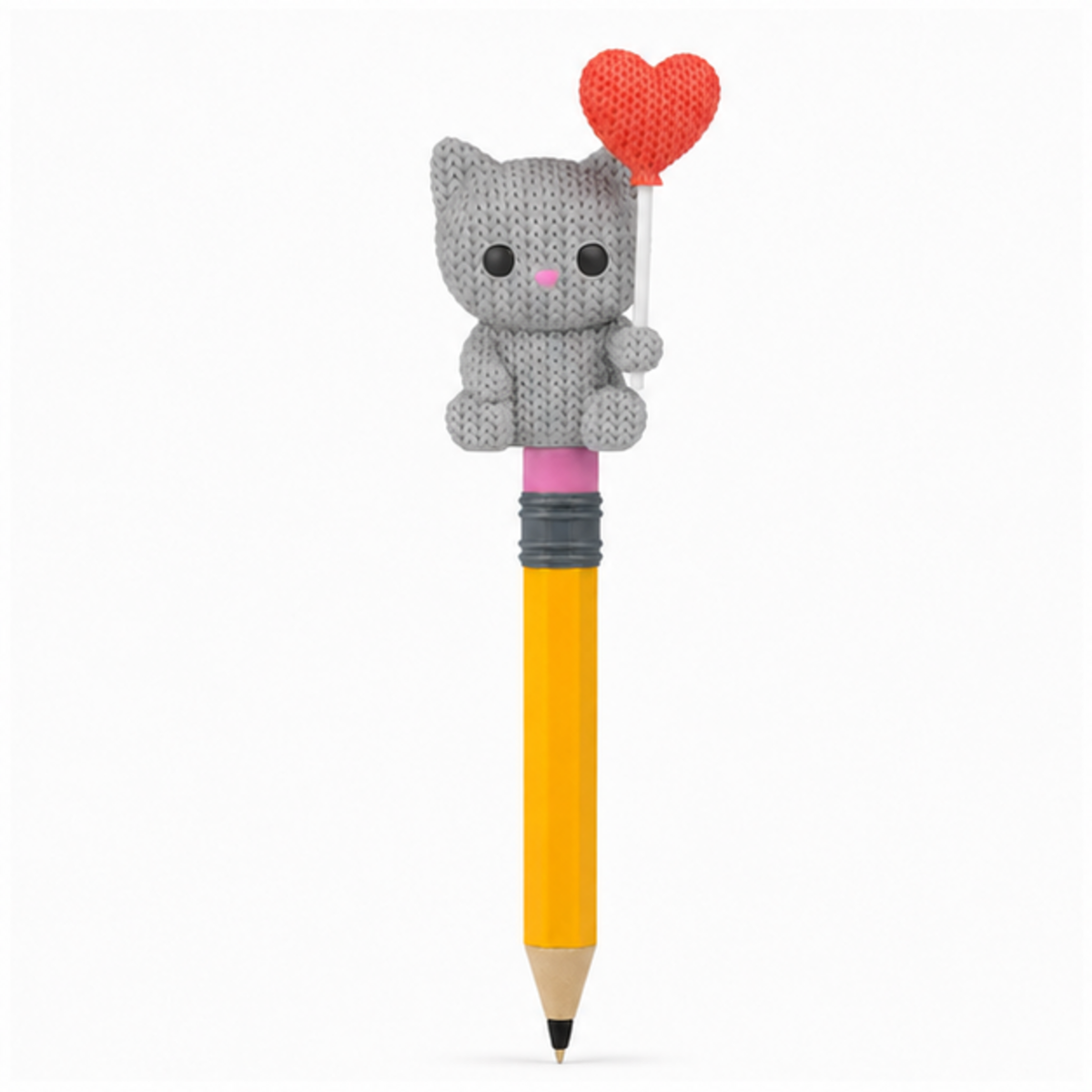 Knitted Cat With Heart Balloon - Valentine's Day Topkinz character on jumbo pencil front view