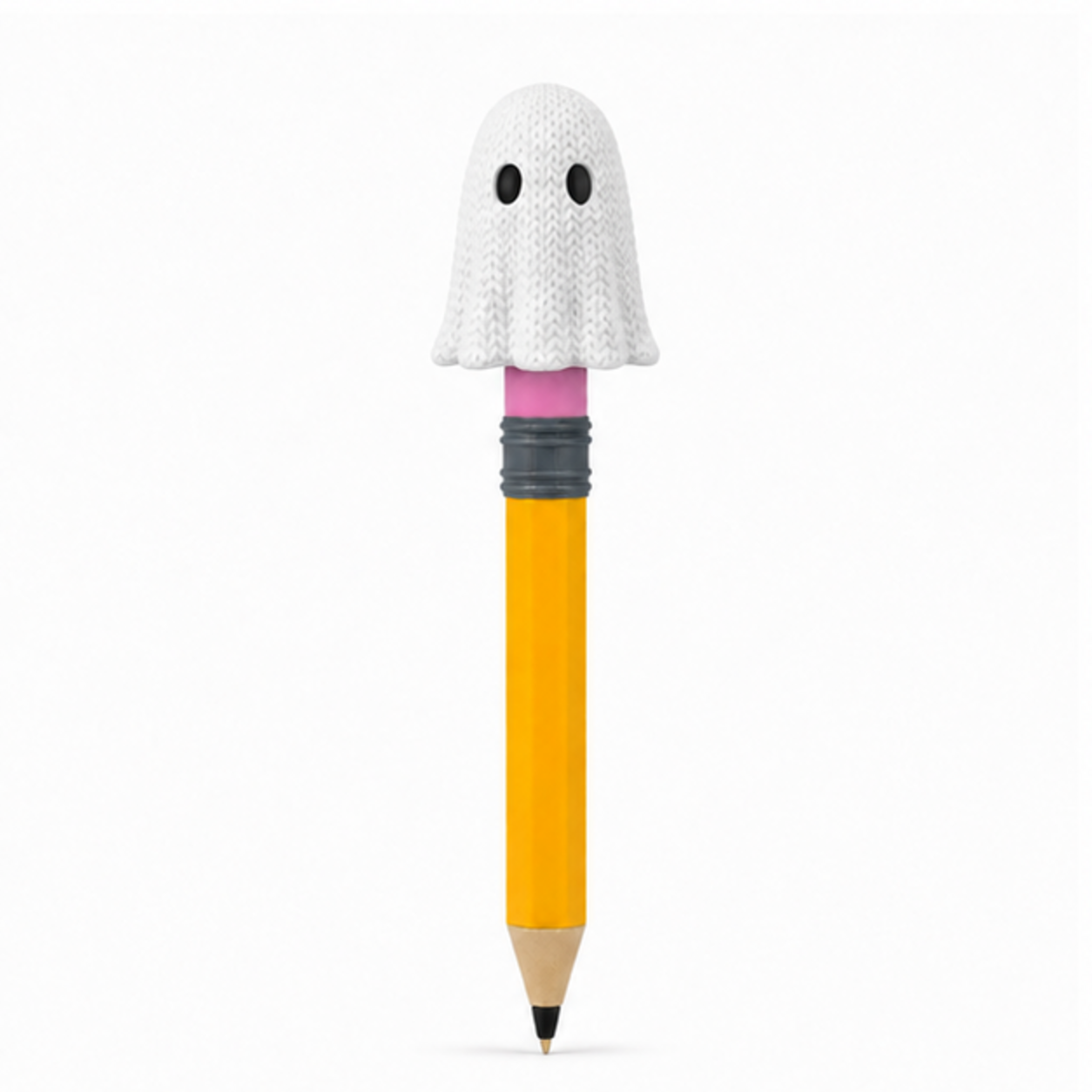 Knitted Halloween Ghost Topkinz character on jumbo pencil front view