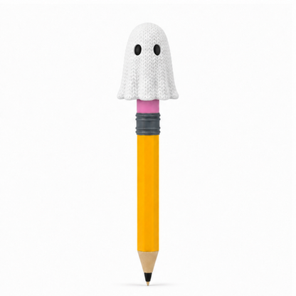 Knitted Halloween Ghost Topkinz character on jumbo pencil front view