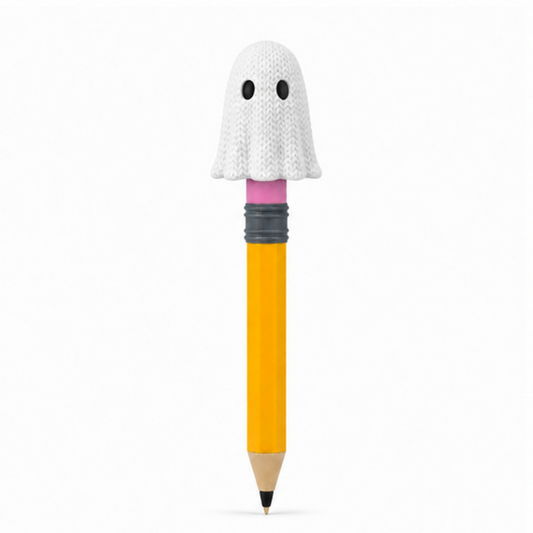 Knitted Halloween Ghost Topkinz character on jumbo pencil front view