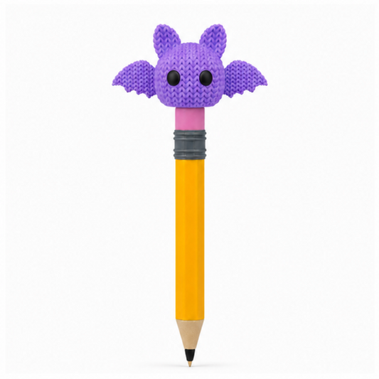 Knitted Halloween Bat Topkinz character on jumbo pencil front view