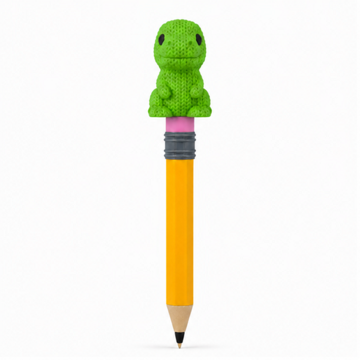 Knitted T-Rex Dinosaur Topkinz character on jumbo pencil front view