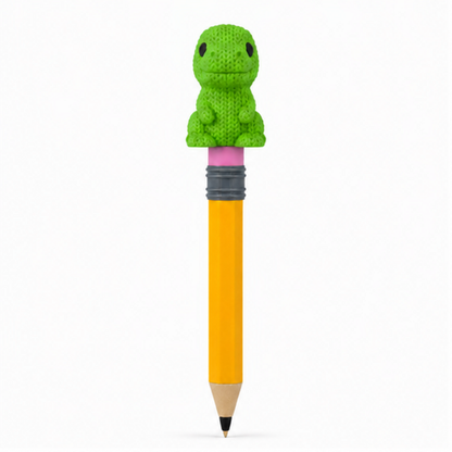 Knitted T-Rex Dinosaur Topkinz character on jumbo pencil front view