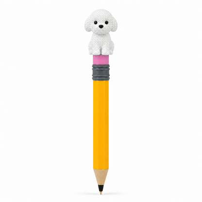 Knitted Bichon Frise Dog Topkinz character on jumbo pencil front view
