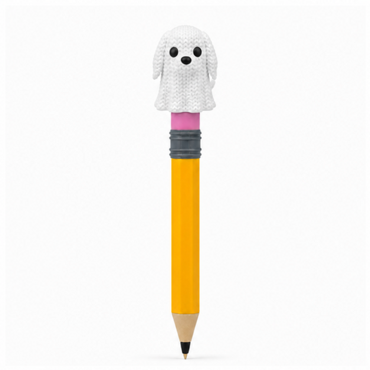 Knitted Halloween Dog Ghost Topkinz character on jumbo pencil front view
