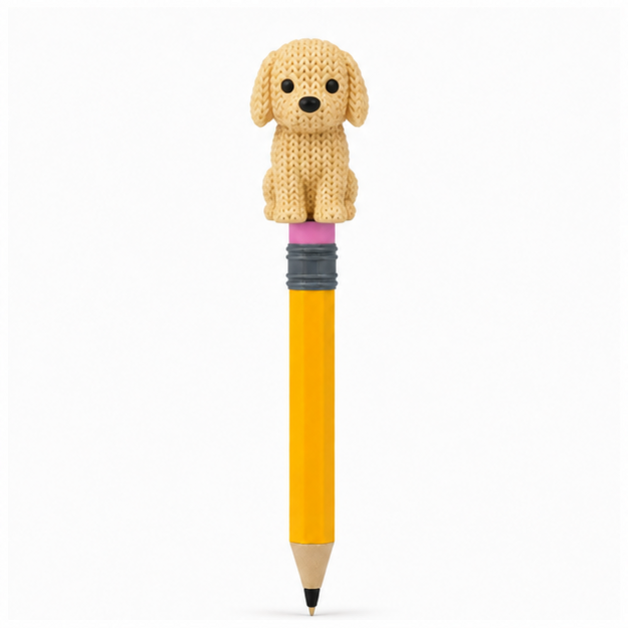 Knitted Golden Retriever Dog Topkinz character on jumbo pencil front view