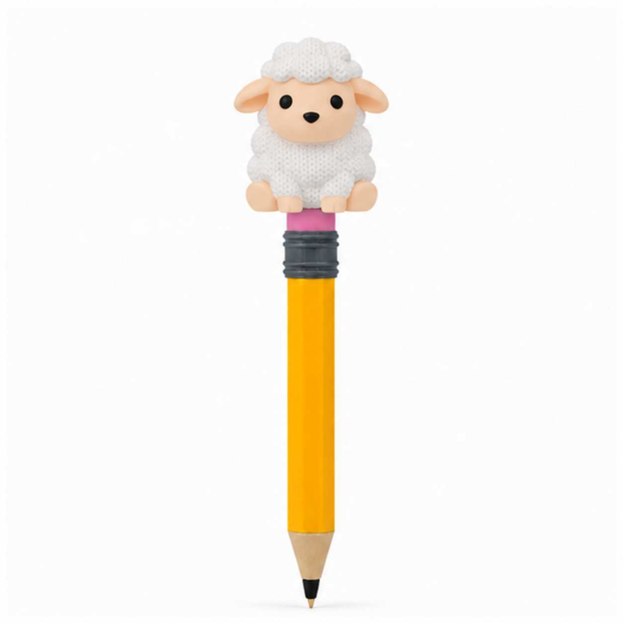 Knitted Sheep Topkinz character on jumbo pencil front view
