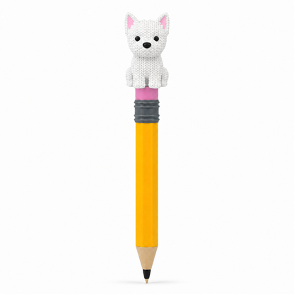 Knitted Westie Dog Topkinz character on jumbo pencil front view