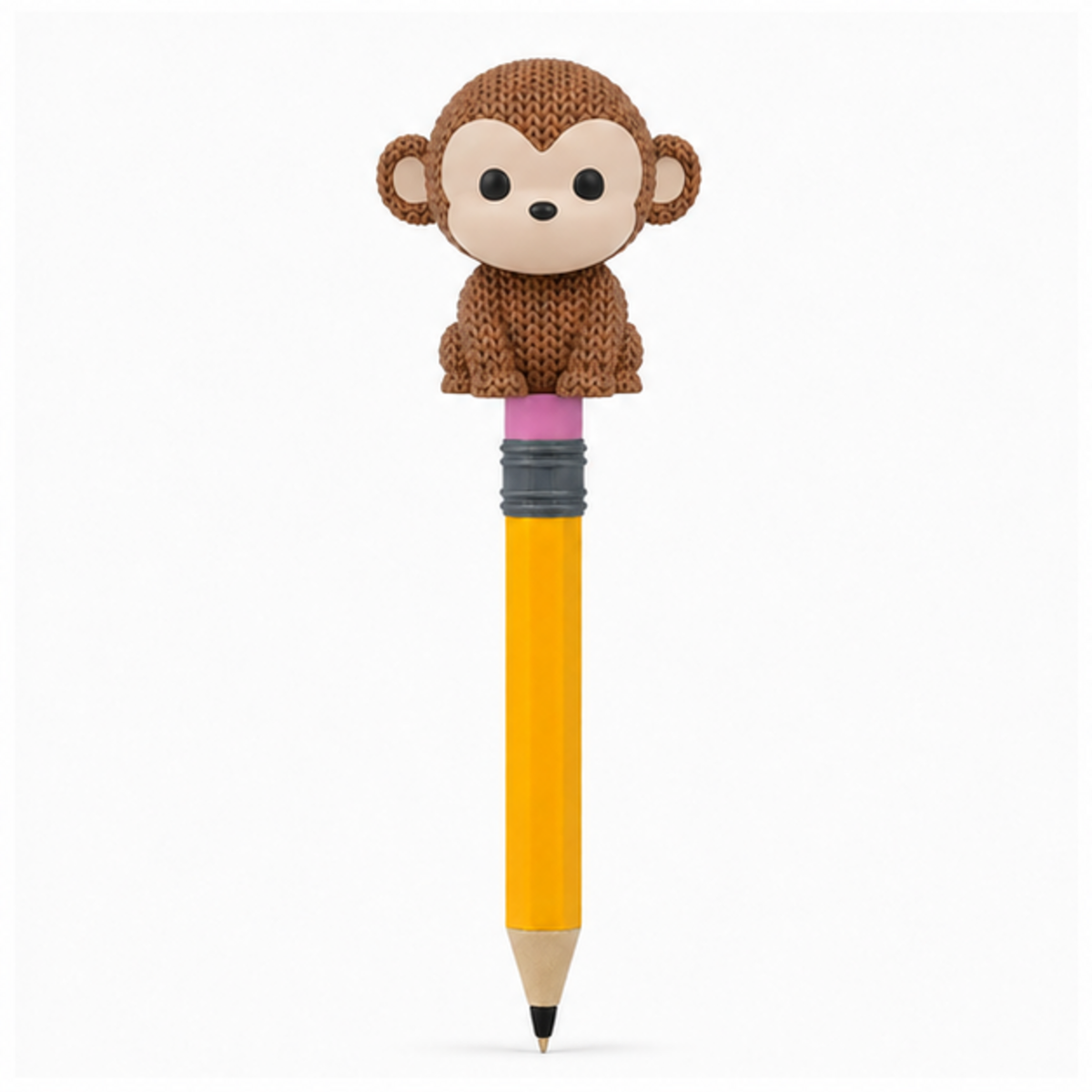 Knitted Monkey Topkinz character on jumbo pencil front view