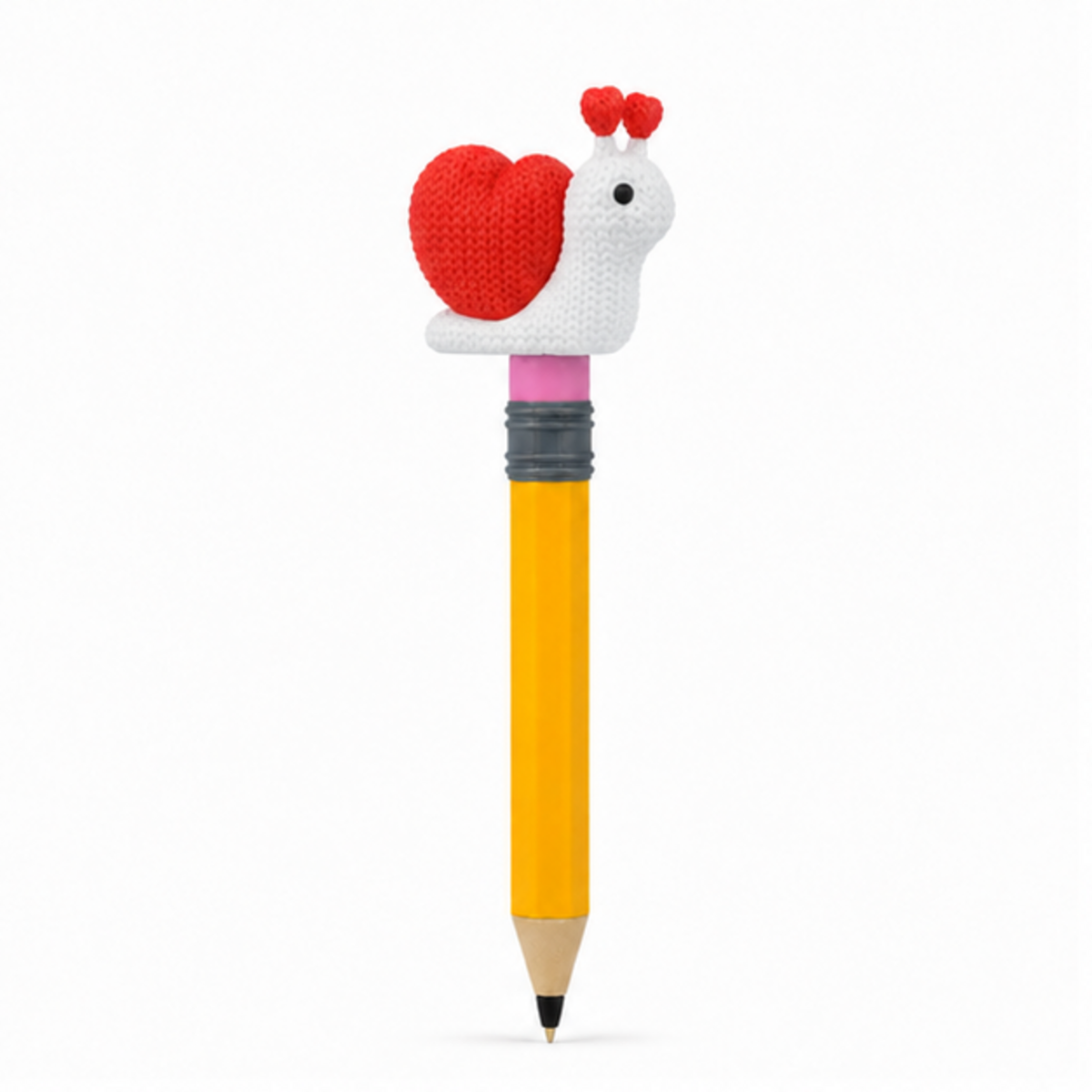 Knitted Valentine's Day Snail Topkinz character on jumbo pencil front view