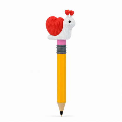 Knitted Valentine's Day Snail Topkinz character on jumbo pencil front view