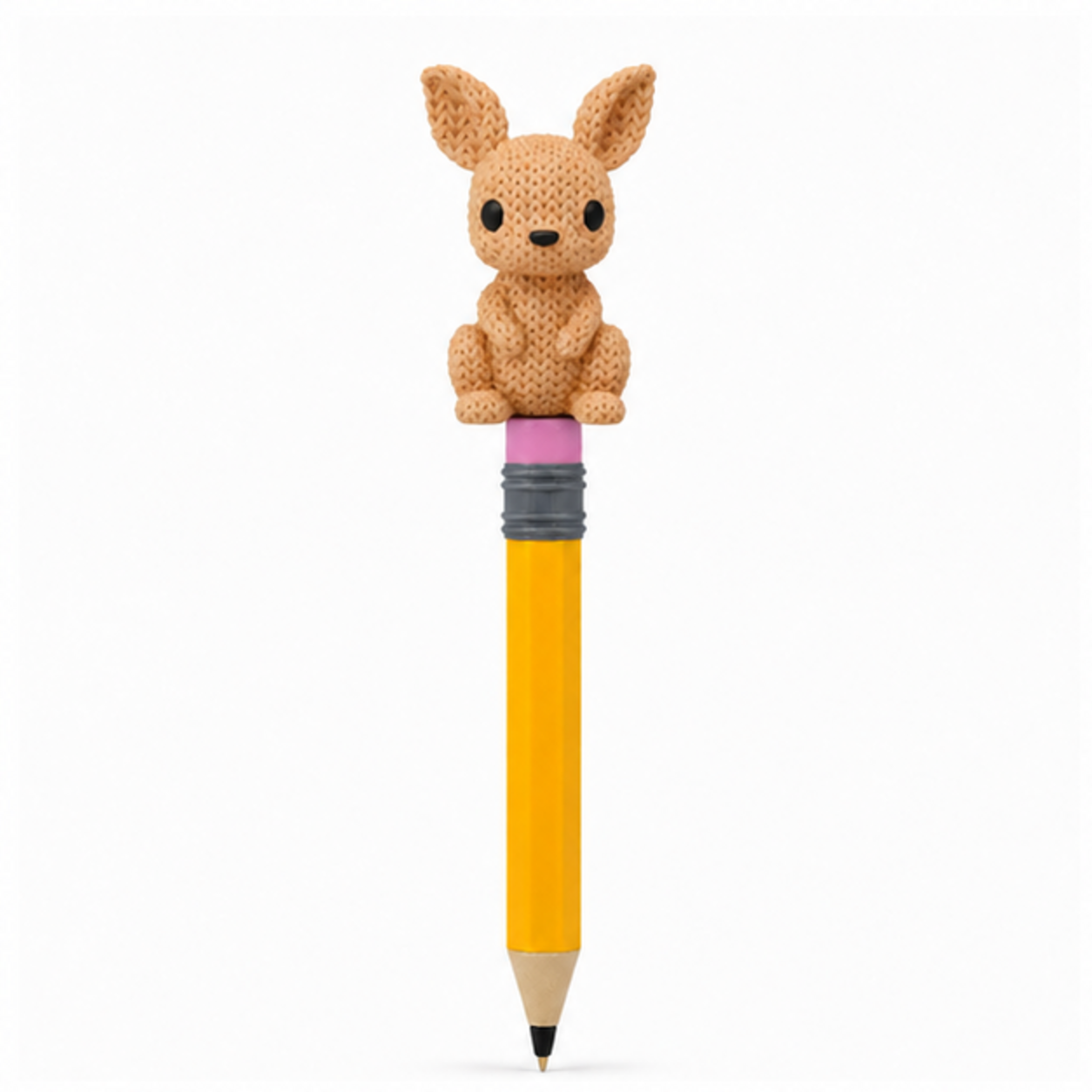 Knitted Kangaroo Topkinz character on jumbo pencil front view