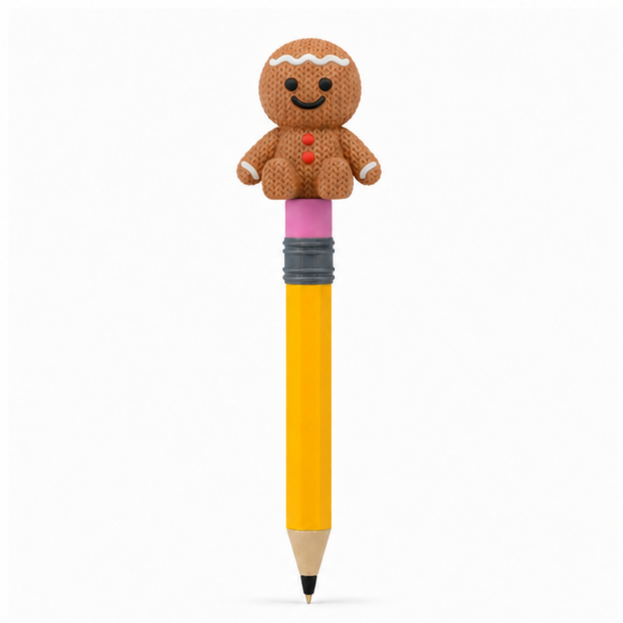 Knitted Gingerbread Man Christmas Topkinz character on jumbo pencil front view