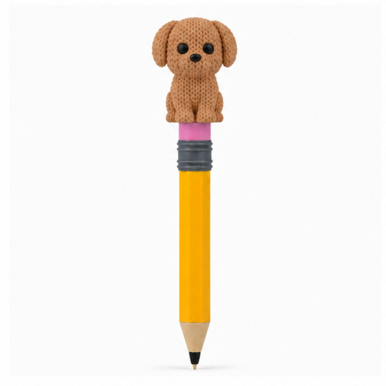 Knitted Dog Topkinz character on jumbo pencil front view