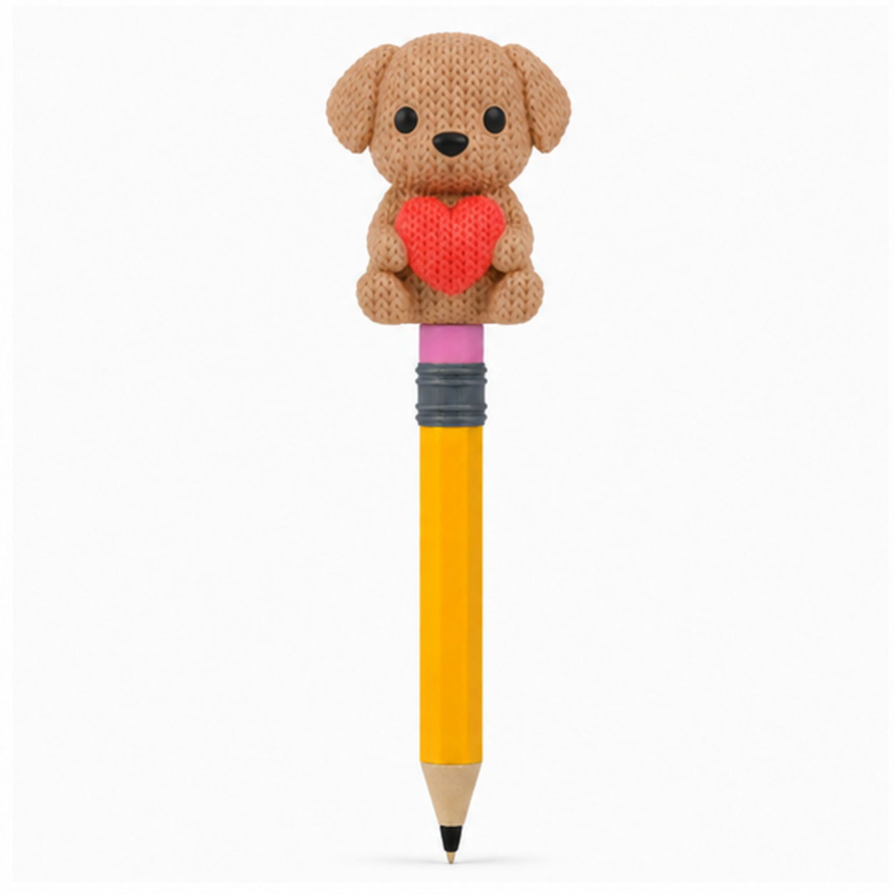Knitted Dog With Heart - Valentine's Day Topkinz character on jumbo pencil front view