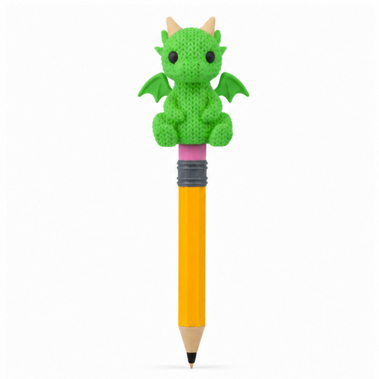 Knitted Dragon Topkinz character on jumbo pencil front view