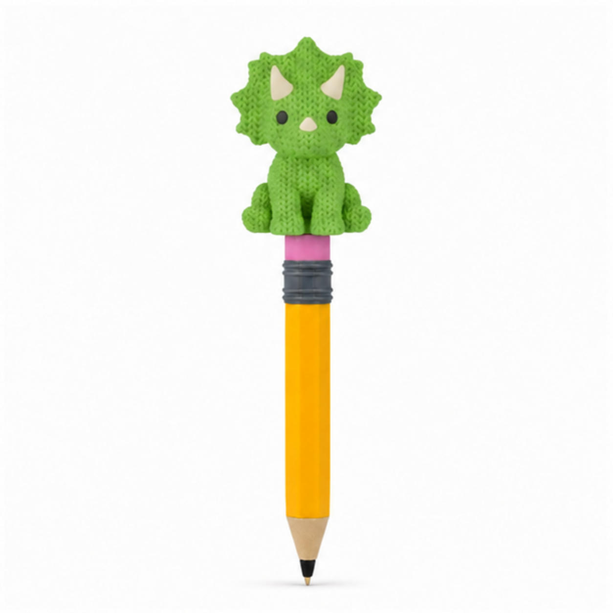 Knitted Triceratops Dinosaur Topkinz character on jumbo pencil front view