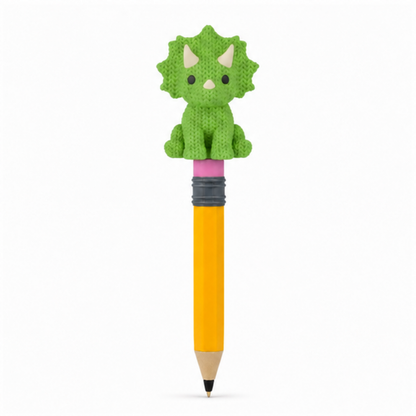 Knitted Triceratops Dinosaur Topkinz character on jumbo pencil front view