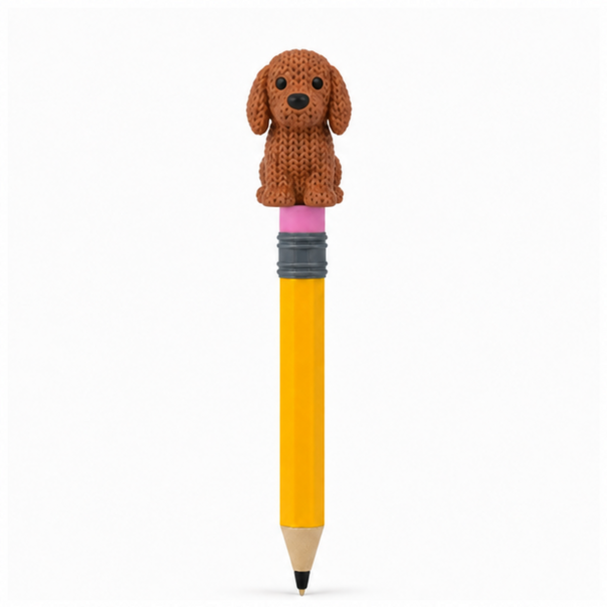 Knitted Dachshund Dog Topkinz character on jumbo pencil front view