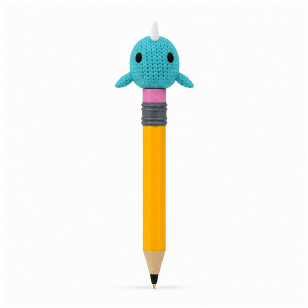 Knitted Narwhal Topkinz character on jumbo pencil front view