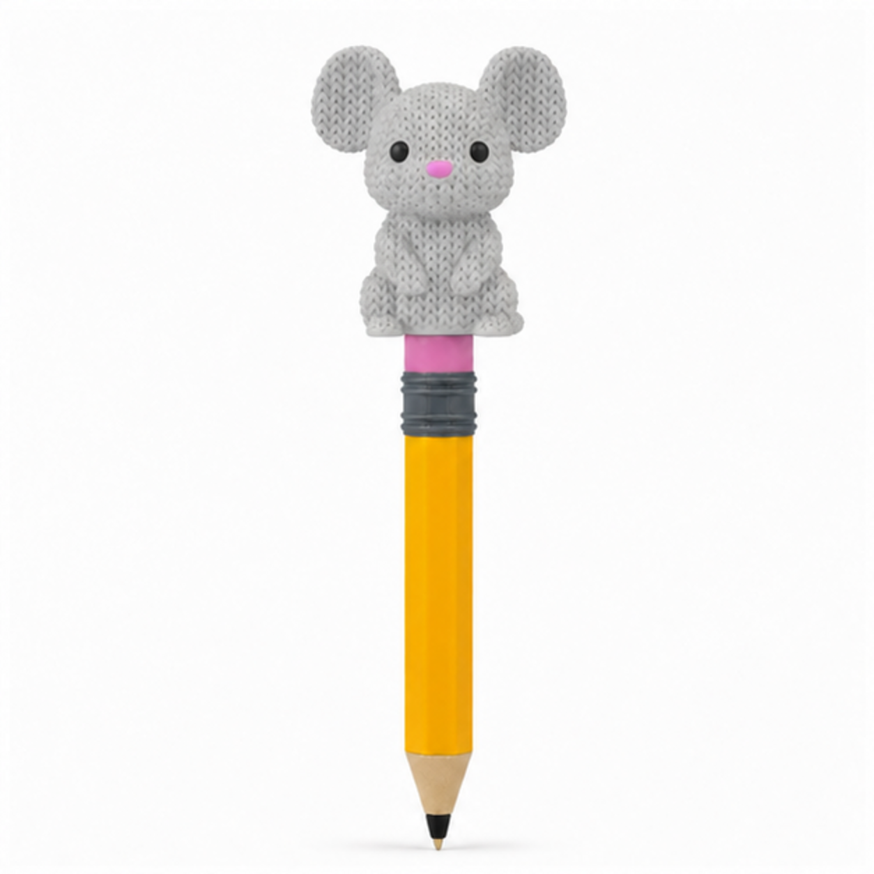 Knitted Mouse Topkinz character on jumbo pencil front view