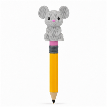 Knitted Mouse Topkinz character on jumbo pencil front view