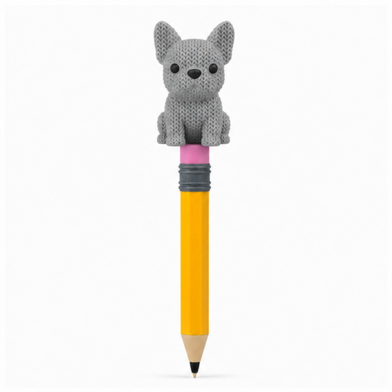 Knitted French Bulldog Dog Topkinz character on jumbo pencil front view