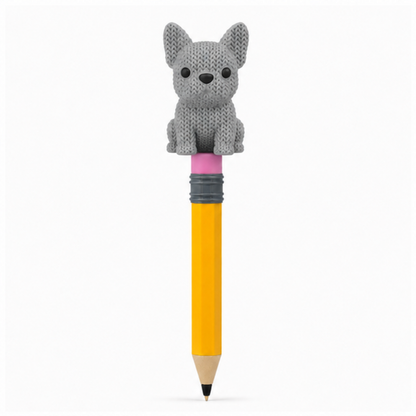 Knitted French Bulldog Dog Topkinz character on jumbo pencil front view