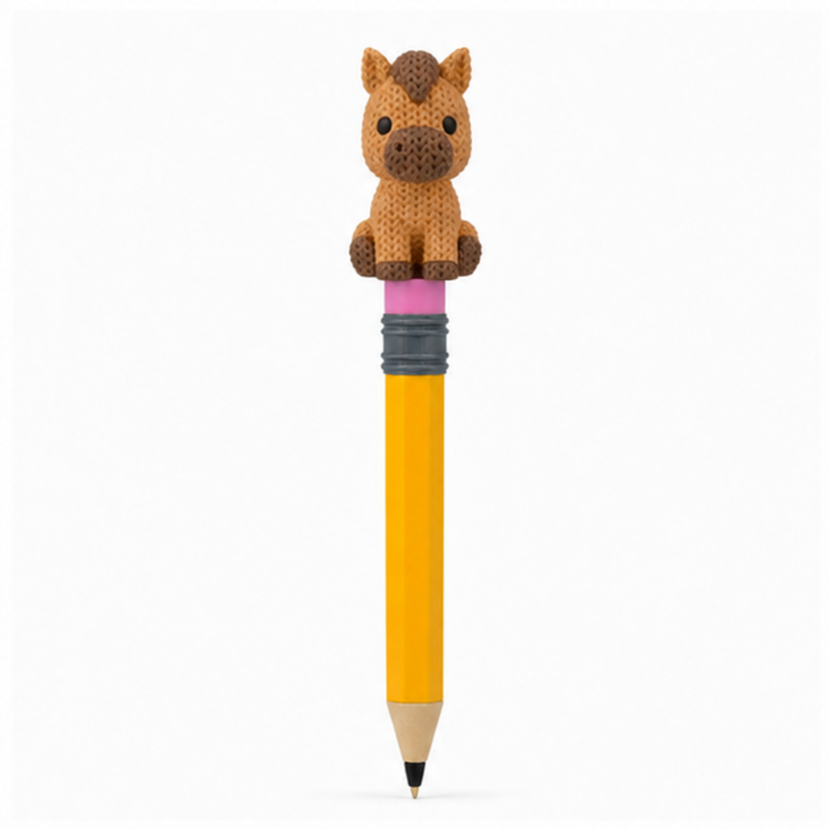 Knitted Horse Topkinz character on jumbo pencil front view