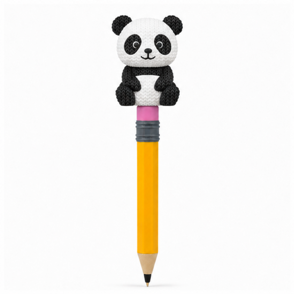 Knitted Panda Topkinz character on jumbo pencil front view