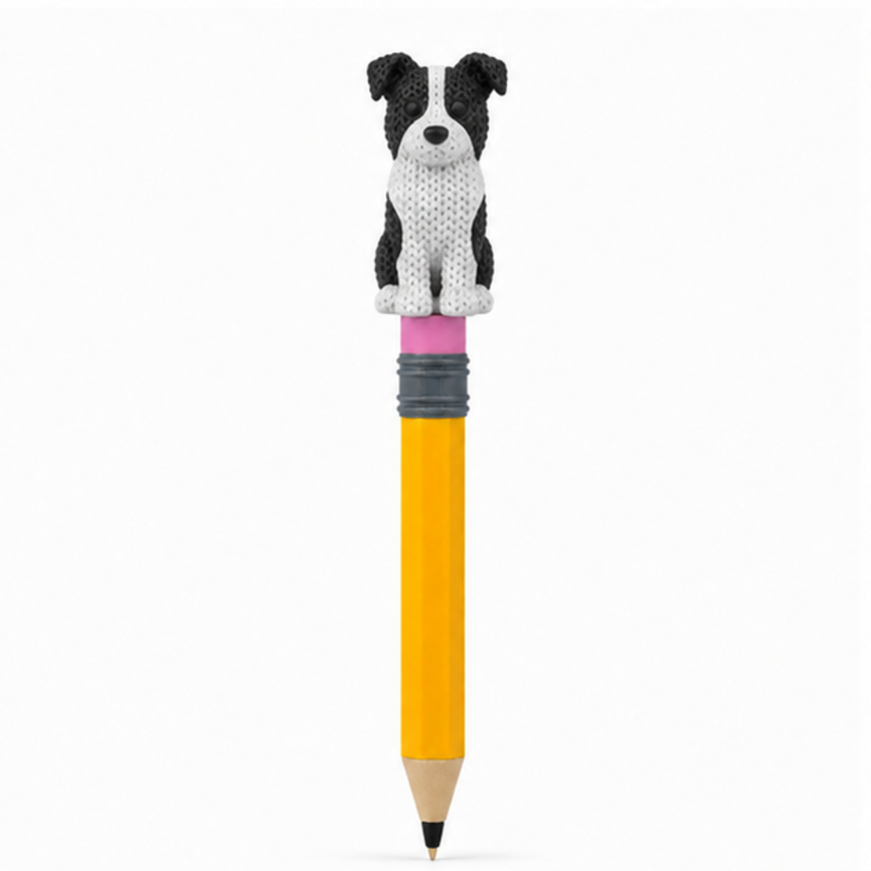 Knitted Border Collie Dog Topkinz character on jumbo pencil front view
