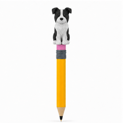 Knitted Border Collie Dog Topkinz character on jumbo pencil front view