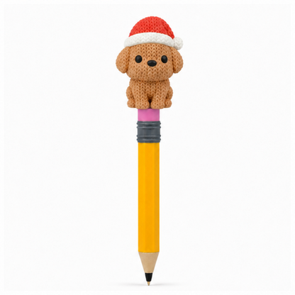 Knitted Dog with Santa Hat Christmas Topkinz character on jumbo pencil front view