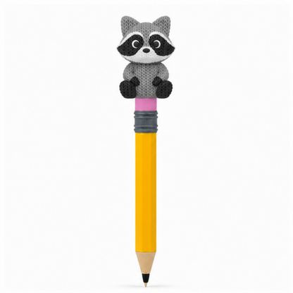 Knitted Raccoon Topkinz character on jumbo pencil front view