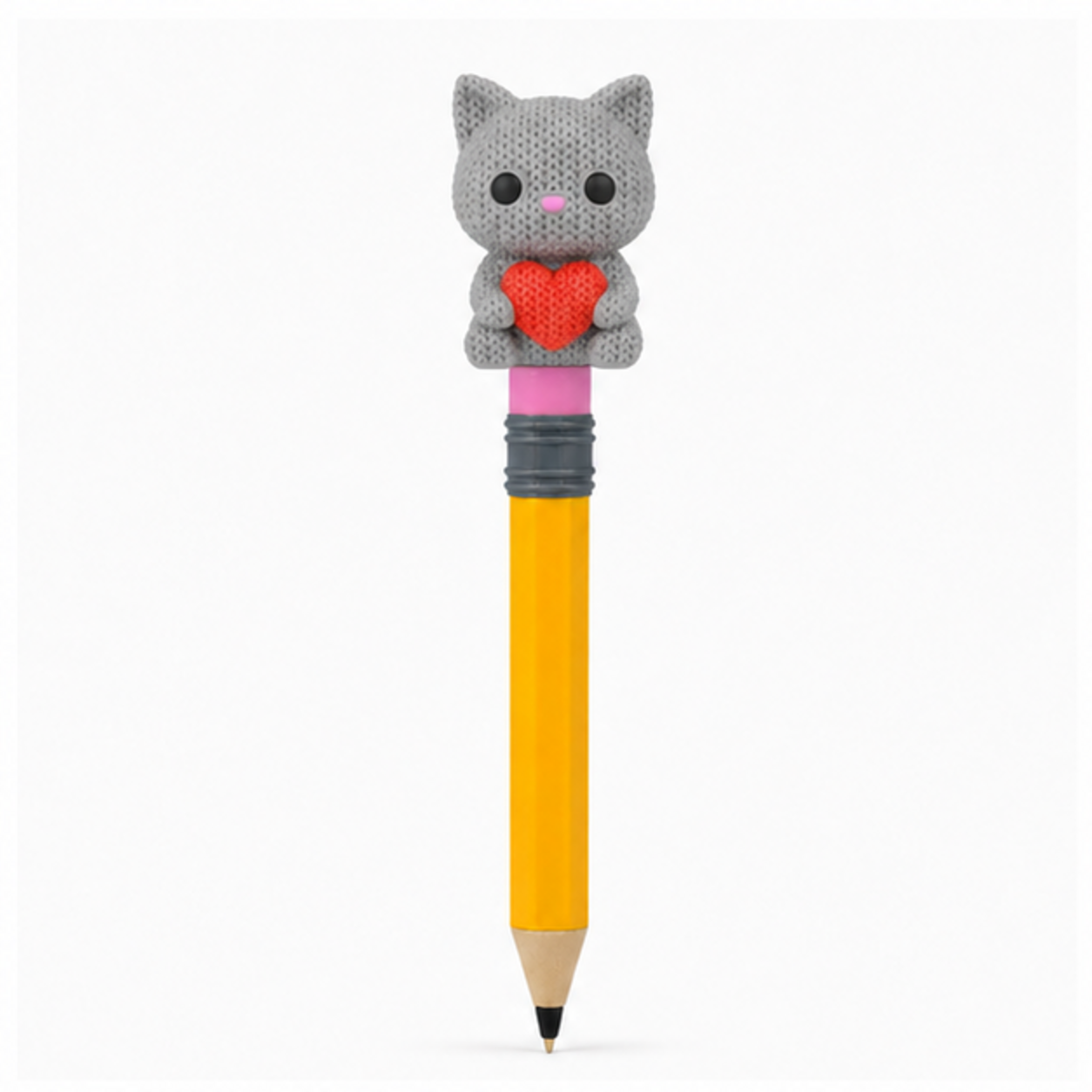 Knitted Cat With Heart - Valentine's Day Topkinz character on jumbo pencil front view
