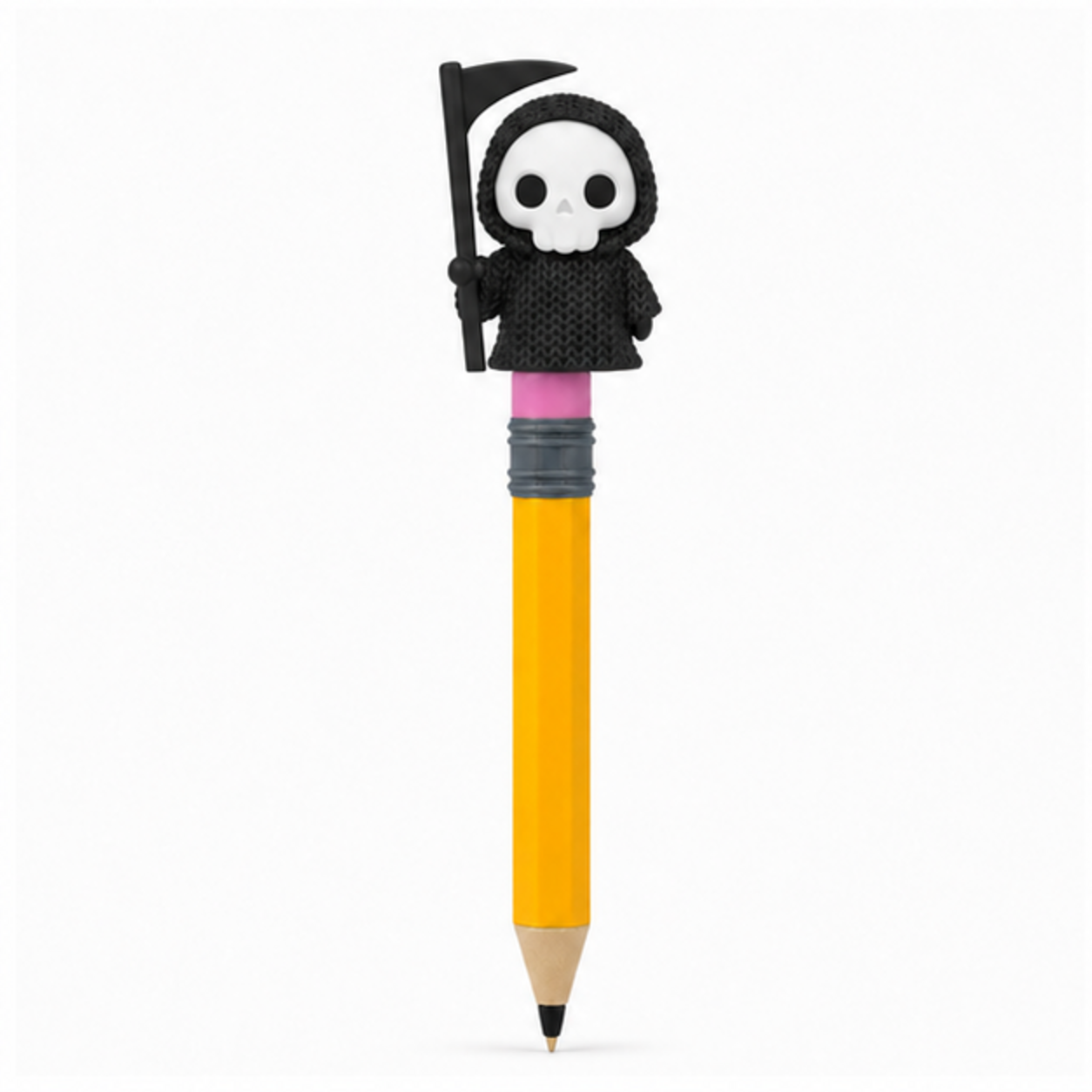 Knitted Halloween Grim Reaper Topkinz character on jumbo pencil front view