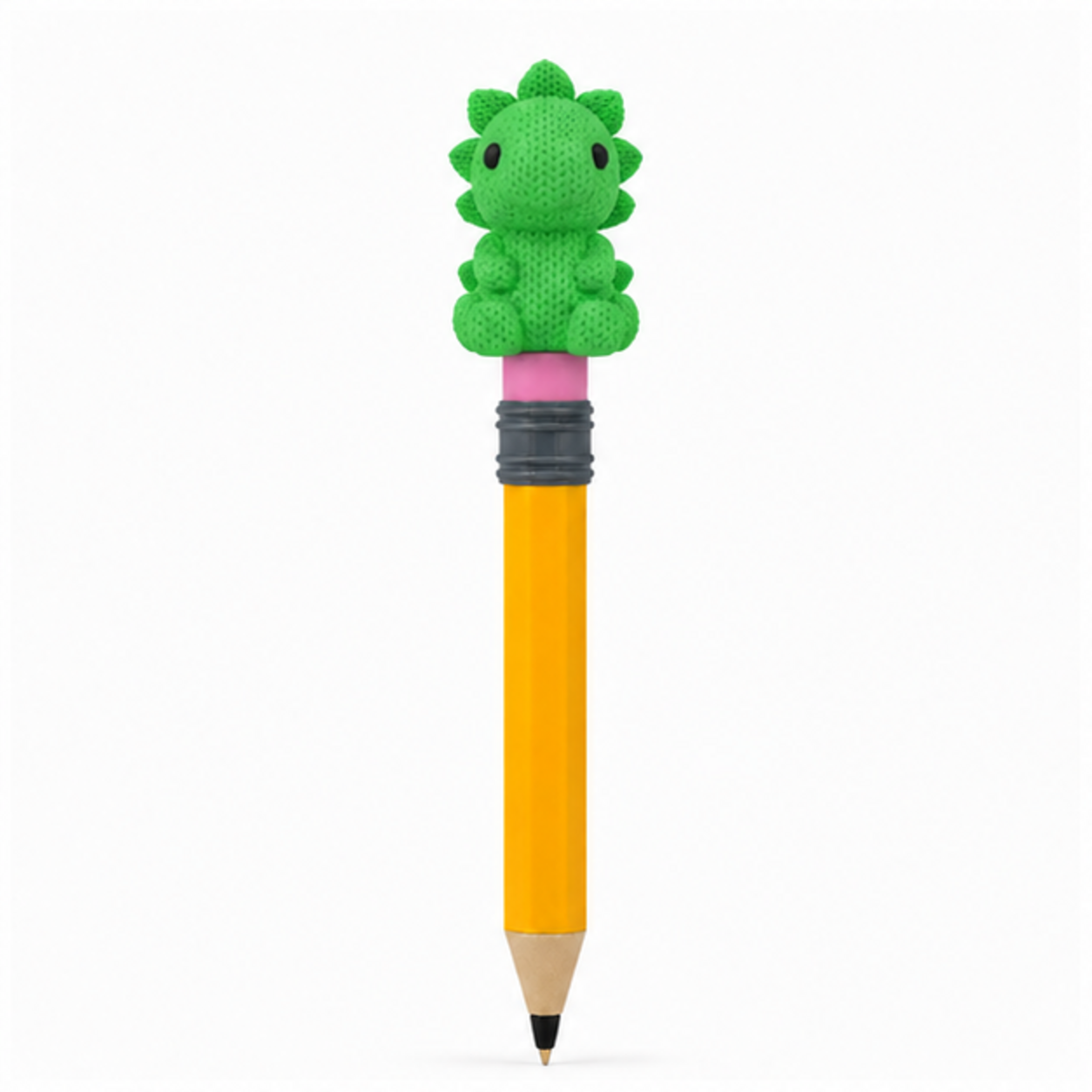 Knitted Stegosaurus Dinosaur Topkinz character on jumbo pencil front view
