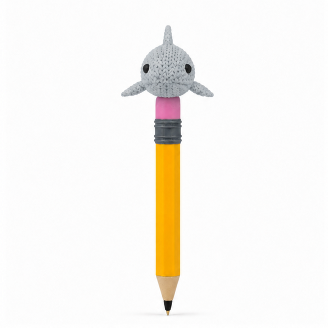 Knitted Shark Topkinz character on jumbo pencil front view