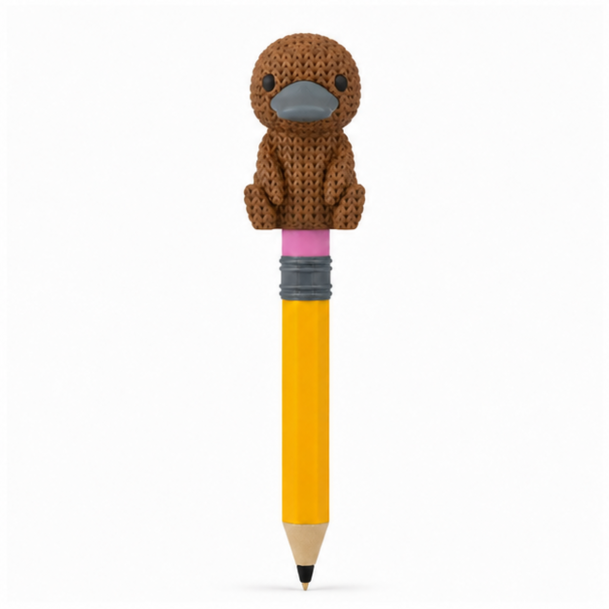 Knitted Platypus Topkinz character on jumbo pencil front view