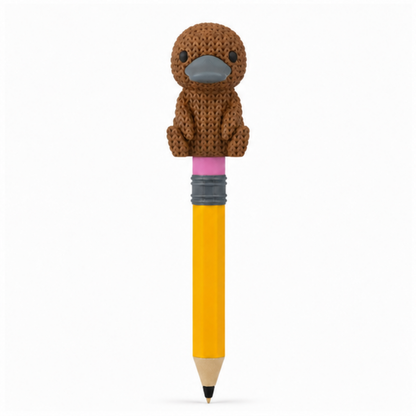 Knitted Platypus Topkinz character on jumbo pencil front view