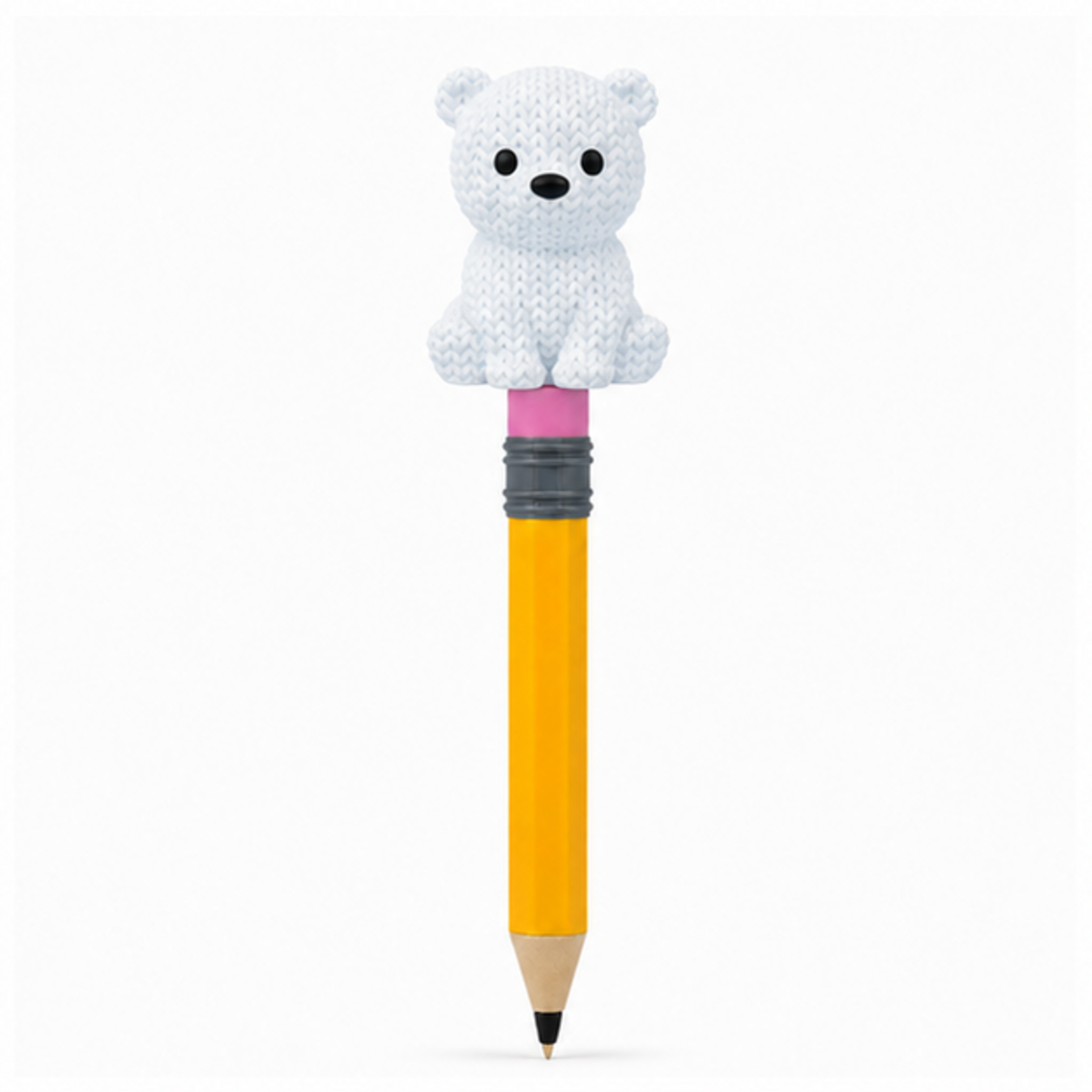 Knitted Baby Polar Bear Topkinz character on jumbo pencil front view