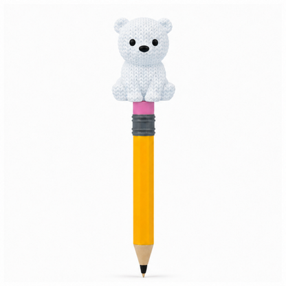 Knitted Baby Polar Bear Topkinz character on jumbo pencil front view