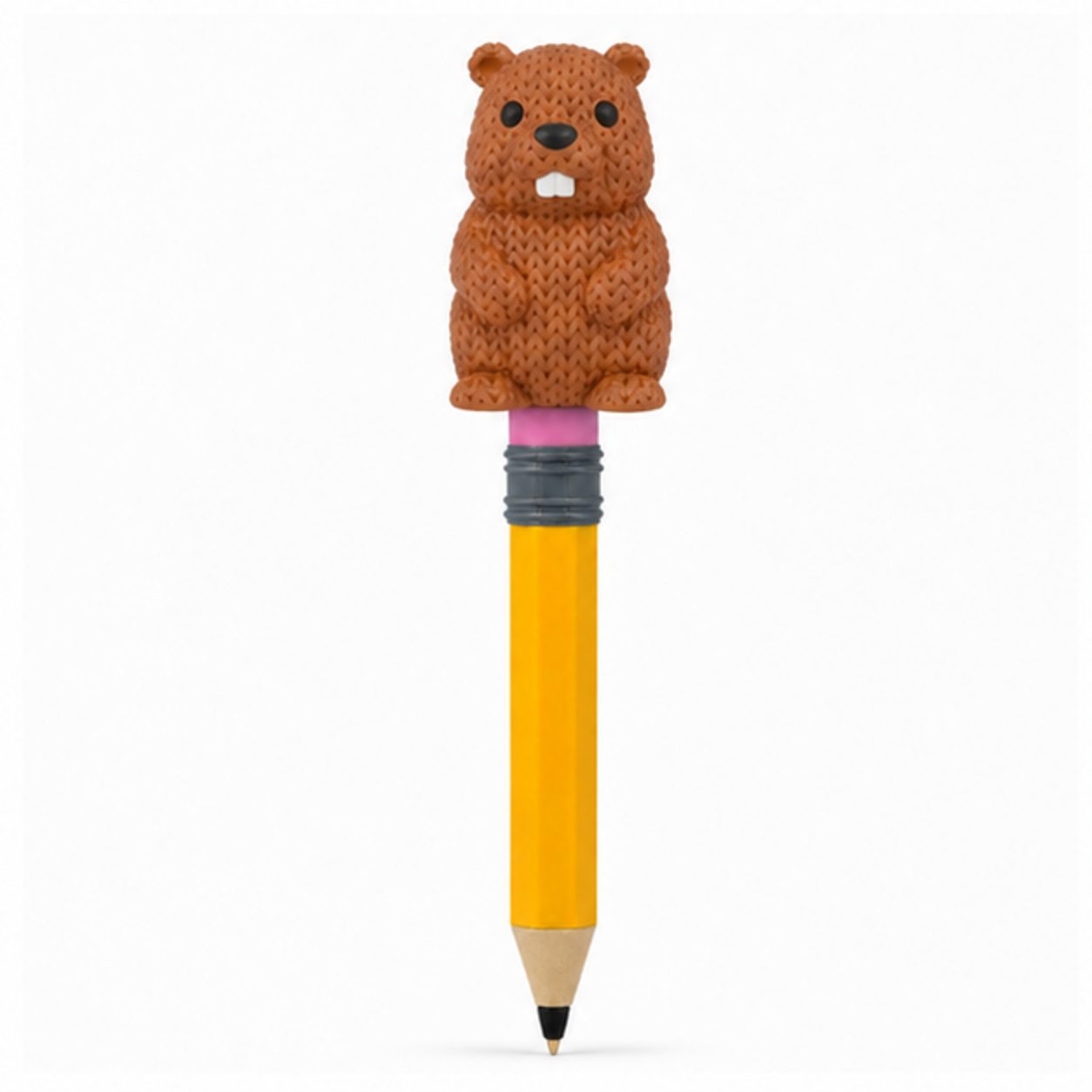 Knitted Beaver Topkinz character on jumbo pencil front view