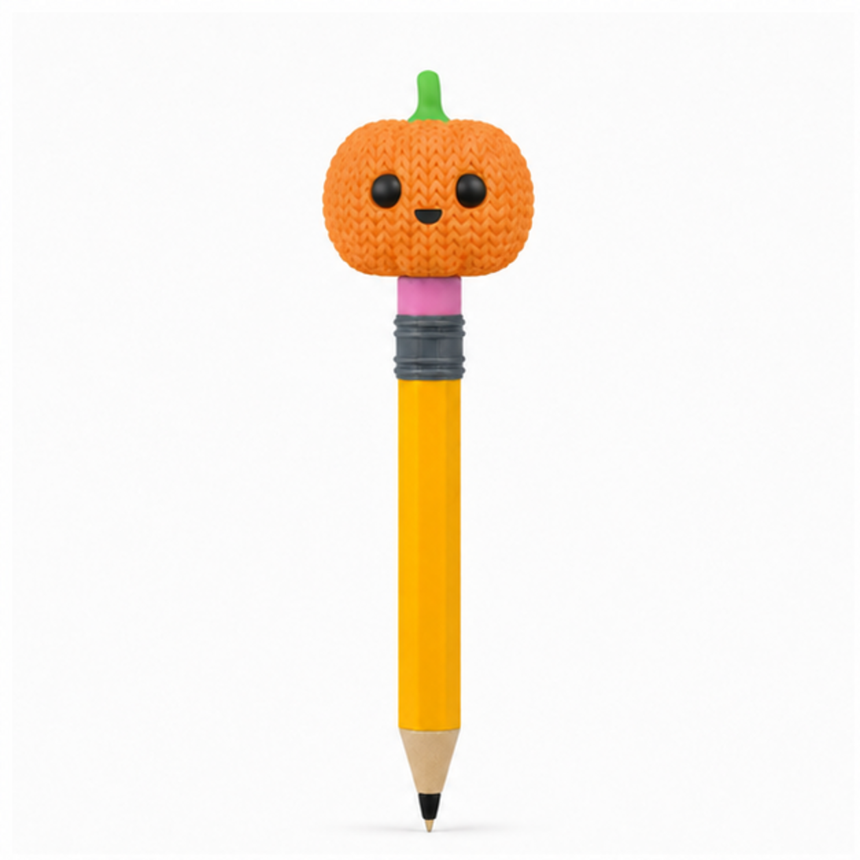 Knitted Cute Pumpkin Halloween Topkinz character on jumbo pencil front view