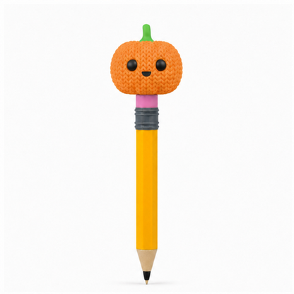 Knitted Cute Pumpkin Halloween Topkinz character on jumbo pencil front view