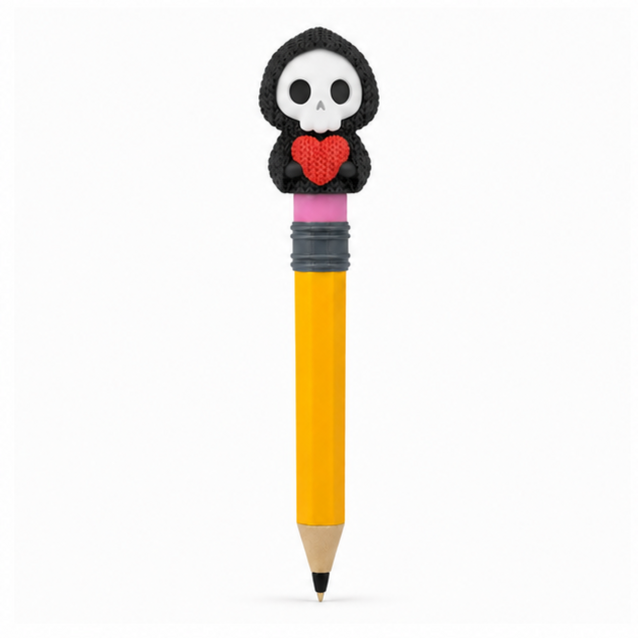 Knitted Heart Grim Reaper Halloween Topkinz character on jumbo pencil front view