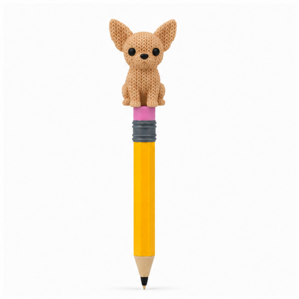 Knitted Chihuahua Dog Topkinz character on jumbo pencil front view