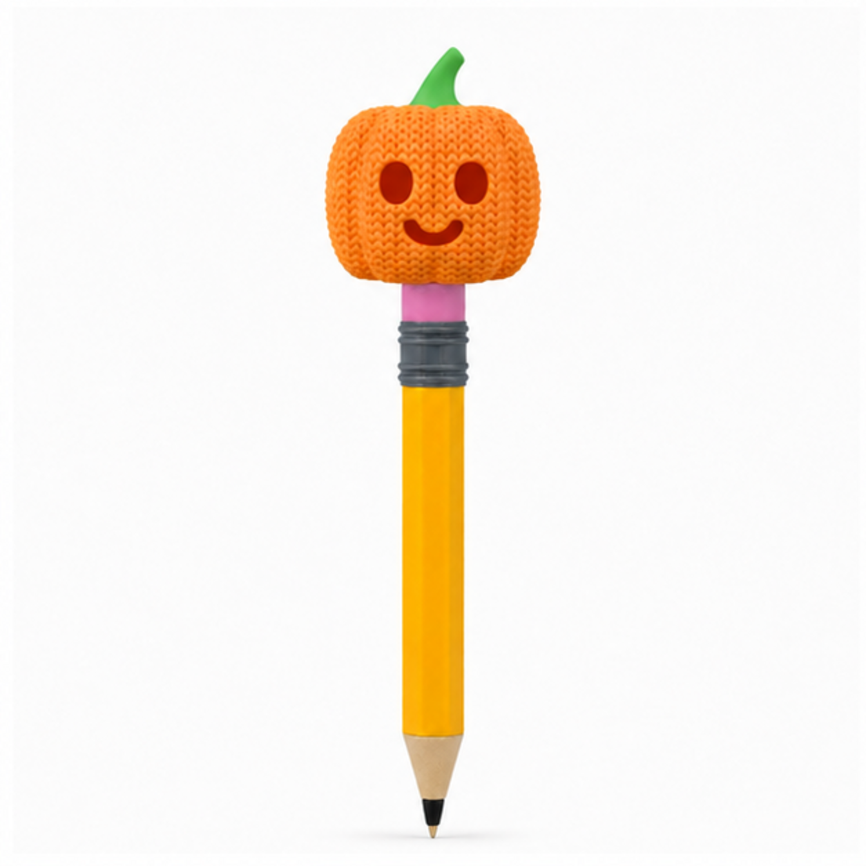 Knitted Halloween Pumpkin Jack-O-Lantern Topkinz character on jumbo pencil front view